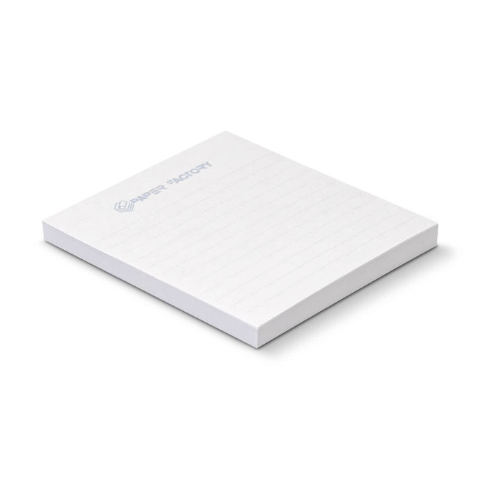 A white recycled sticky pad, measuring 70 x 75mm, containing 50 sheets, featuring a logo on the surface.