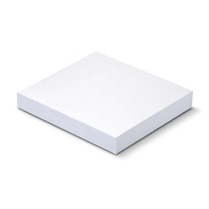 A white sticky pad measuring 70 x 75mm, containing 100 sheets, with a simple, clean design.