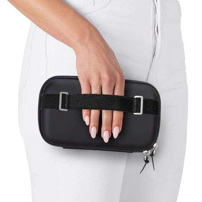 A black Rollink Mini Bag Tour held in hand, featuring a sleek design and a fabric strap.
