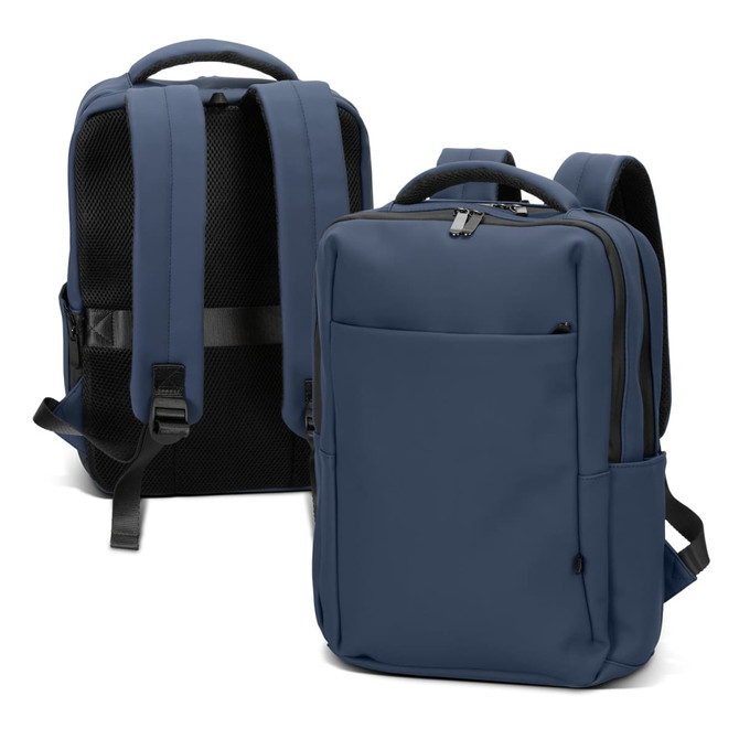 A navy blue soft-touch daily backpack with padded straps and mesh backing, featuring a zippered front pocket.