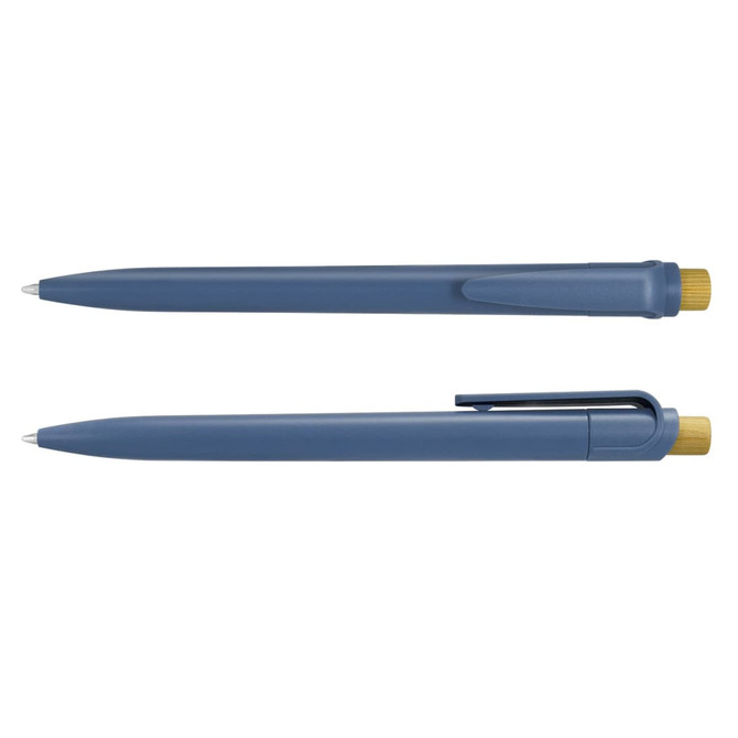A blue recycled plastic pen with a yellow cap and clip, featuring a simple design and smooth writing tip.
