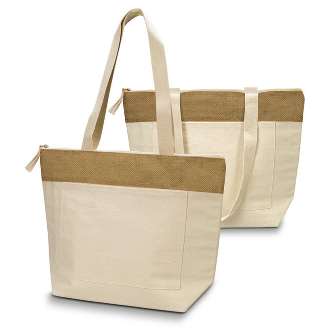 A cream cotton cooler tote bag with a brown fabric panel and long handles, featuring a zip closure and a logo.
