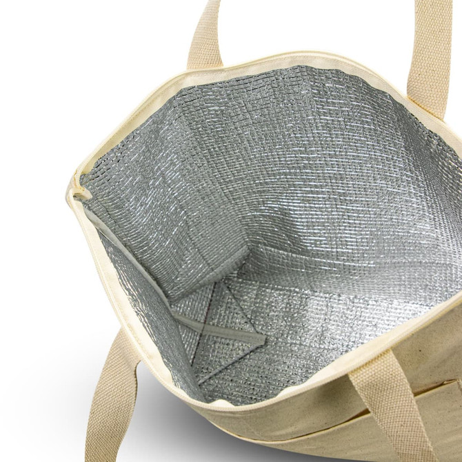 A cotton tote with a silver insulated interior and beige outer fabric, featuring sturdy handles.