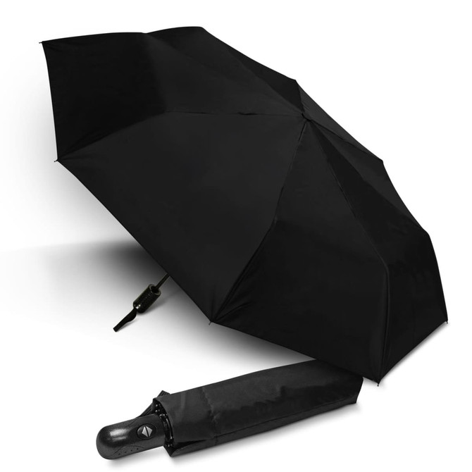 A black compact umbrella displayed open, with a matching black cover beside it. The umbrella has a logo on the handle.