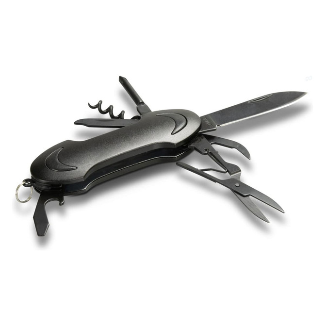 A black multi-function pocket knife featuring various tools including a knife, scissors, and a corkscrew.