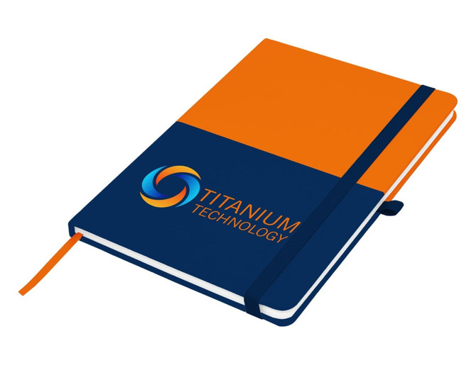 A notebook with an orange and navy blue cover, featuring a logo and an elastic band closure.