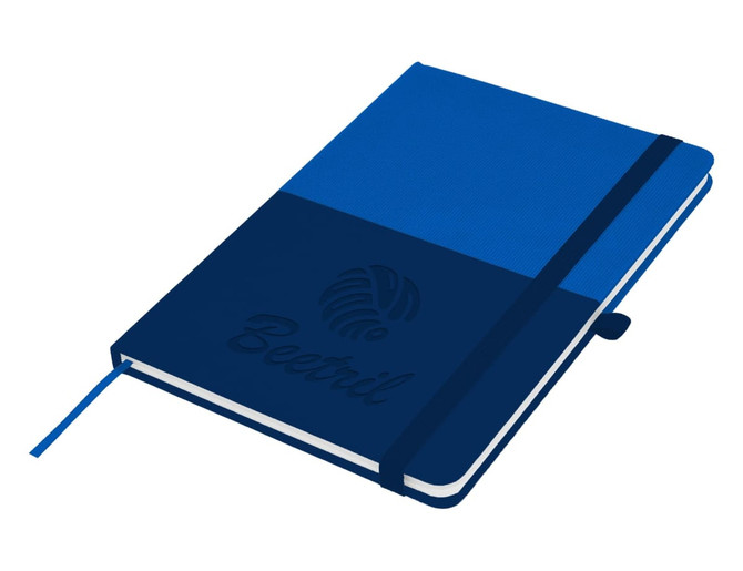 A blue A5 notebook featuring a two-tone design and an elastic closure, with a logo on the cover.