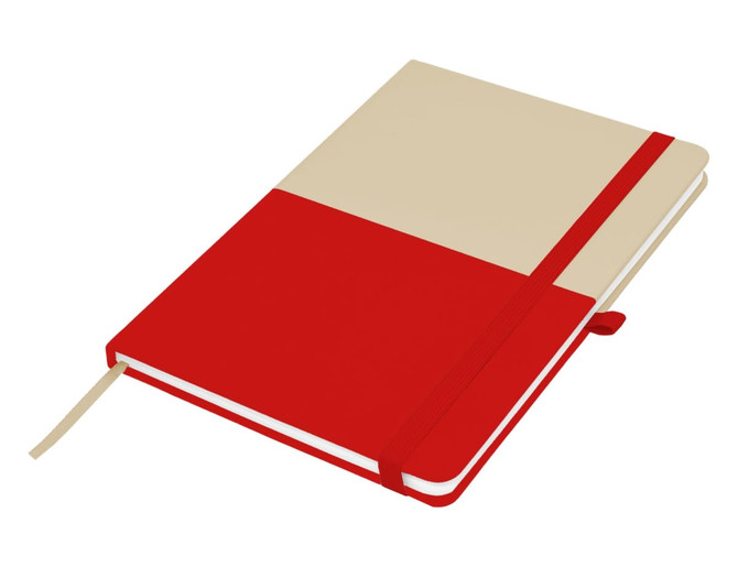 A A5 notebook featuring a red and cream cover, with a ribbon bookmark and an elastic band closure.