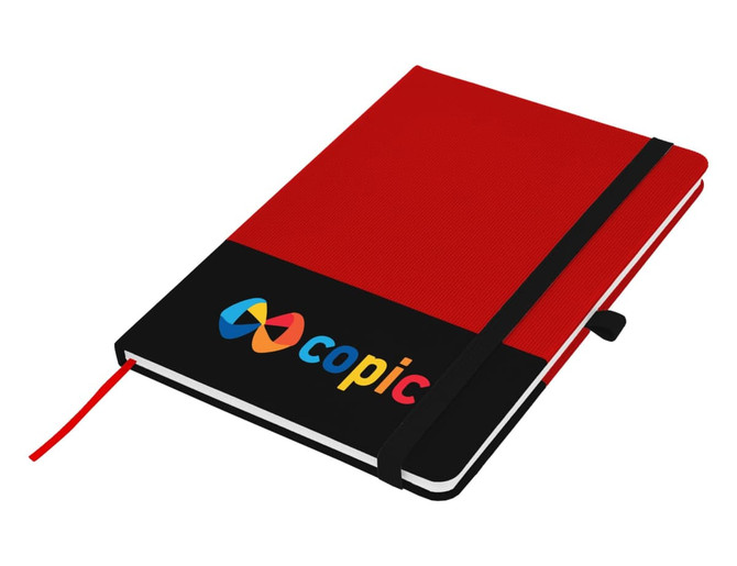 A red and black A5 notebook featuring a logo, with an elastic band closure and a ribbon marker.
