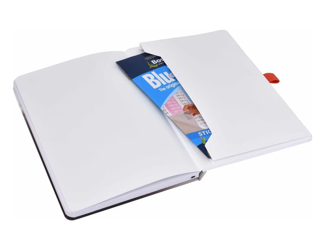 A soft-touch A5 notebook with a black cover, featuring a red ribbon marker and an open page displaying a blue flyer inside.