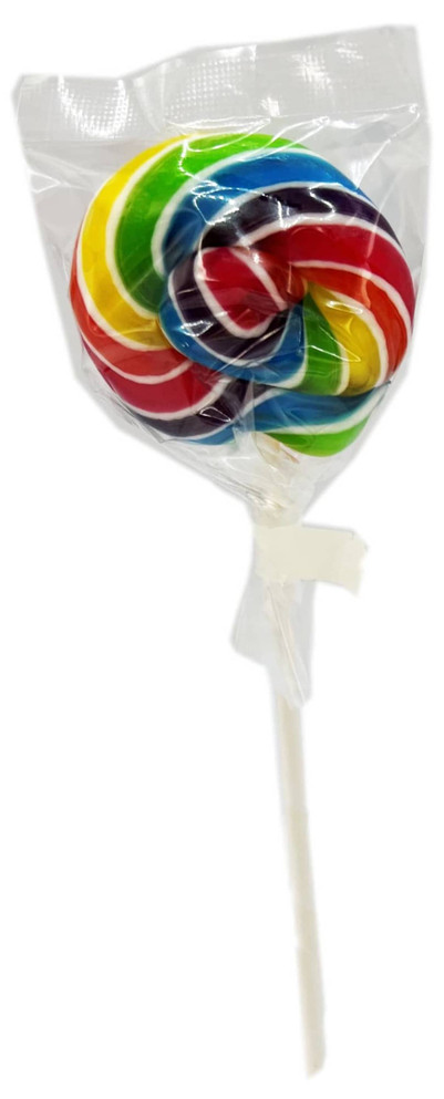 A large, swirled lollipop in vibrant colours of red, green, blue, and yellow, wrapped in clear plastic packaging.