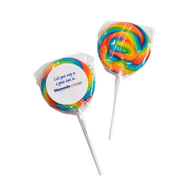 Medium rainbow lollipops with spiraled colours, each wrapped with a sticker and featuring branding.