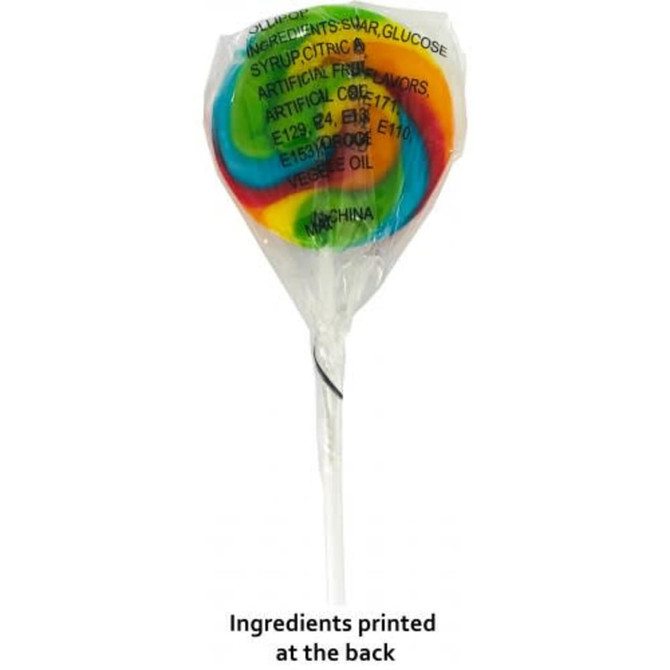 A rainbow-coloured medium candy lollipop wrapped in clear plastic, with ingredients listed on the back.