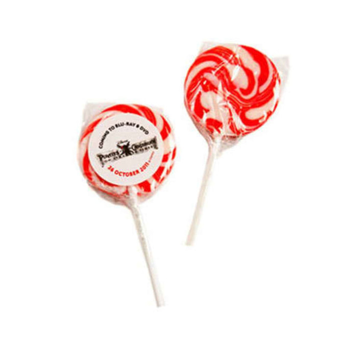 Two medium red and white swirled lollipops on sticks, each with a branded sticker.