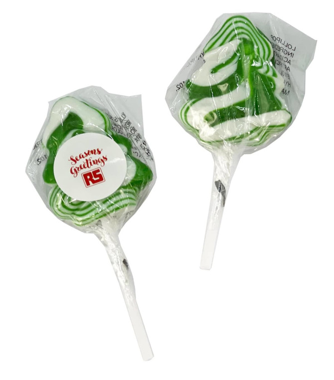 Green and white lollipops shaped like Christmas trees, individually wrapped with a label featuring a logo.