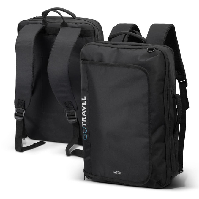 A black convertible travel backpack with adjustable straps and a logo, viewed from the front and back.