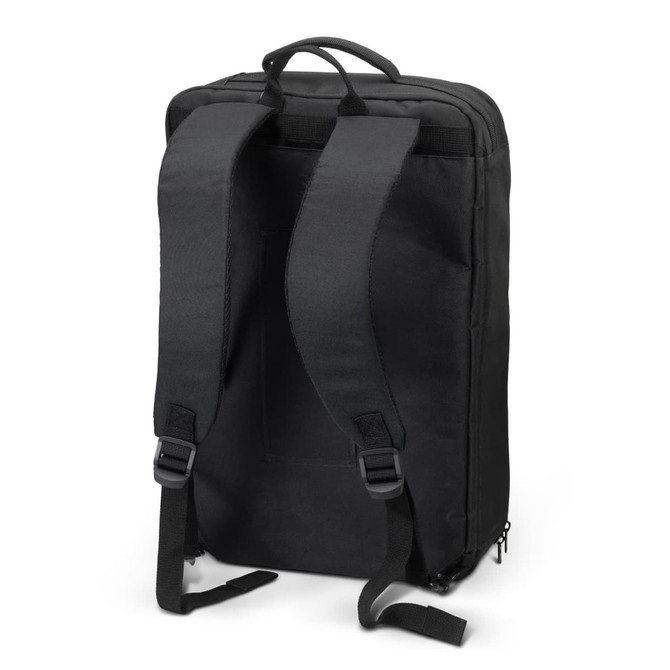 A black convertible travel backpack with adjustable straps and a sleek design, featuring a logo.