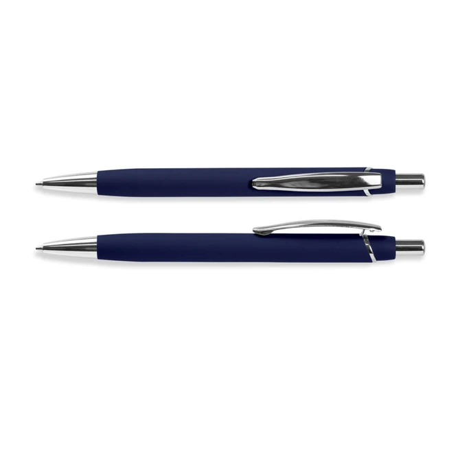 A soft-touch navy pen with silver accents, featuring a sleek design and a clip for easy attachment.