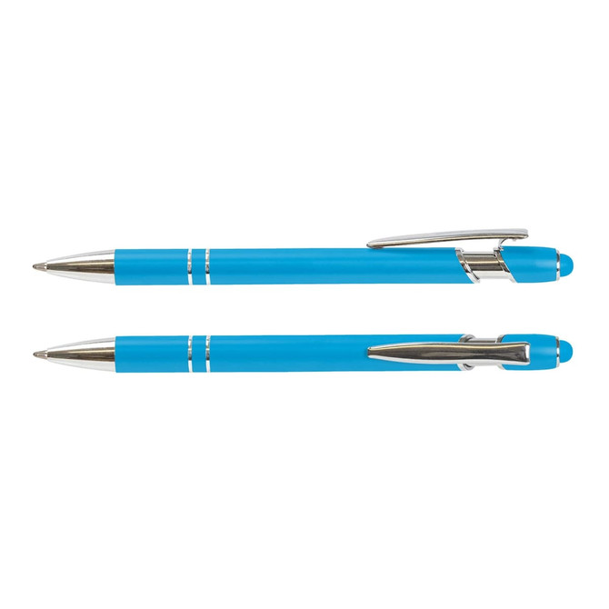 A blue stylus pen with a sleek design and a silver clip, featuring two pens arranged side by side.