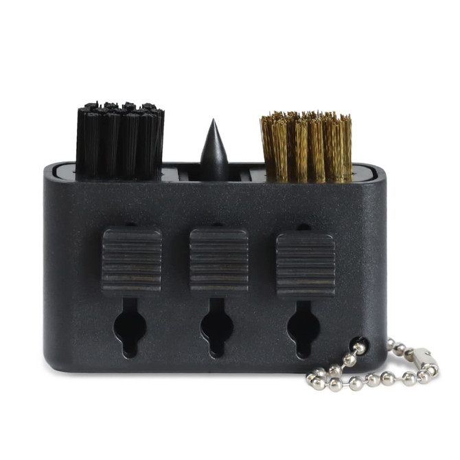 A black golf club cleaning tool featuring two different brush types and a spike, with a keychain attachment.