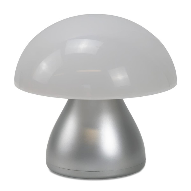 A stylish table lamp with a frosted white mushroom-shaped shade and a silver base.