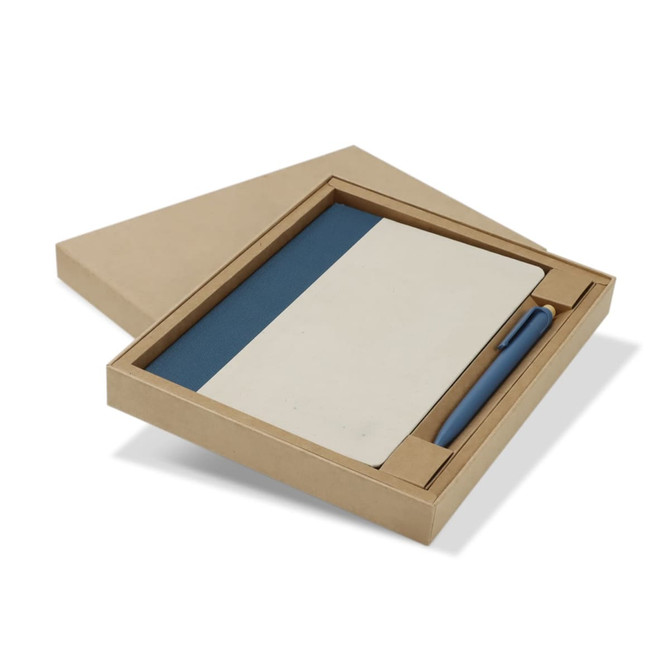 A notebook with a blue cover and a blue pen, presented in a cardboard gift box.