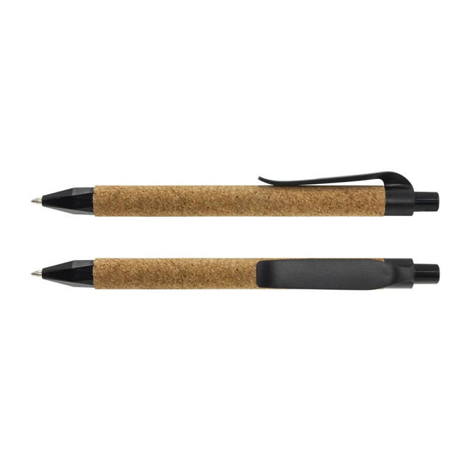 A set of two black ballpoint pens with cork grips. Each pen features a clip and a minimalist design.