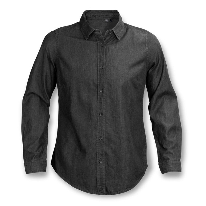 A black women's denim button-up shirt with long sleeves and a collared neckline, featuring buttons down the front.