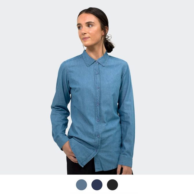 A denim button-up shirt in light blue, featuring a collar and front button closure. Includes colour options below.