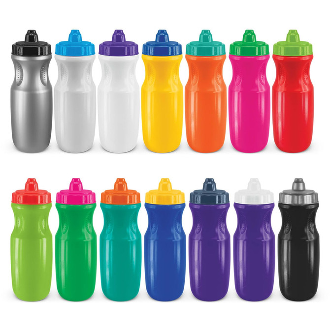A drink bottle collection featuring various colours: silver, white, yellow, orange, pink, green, blue, purple, and black. Each has a lid.