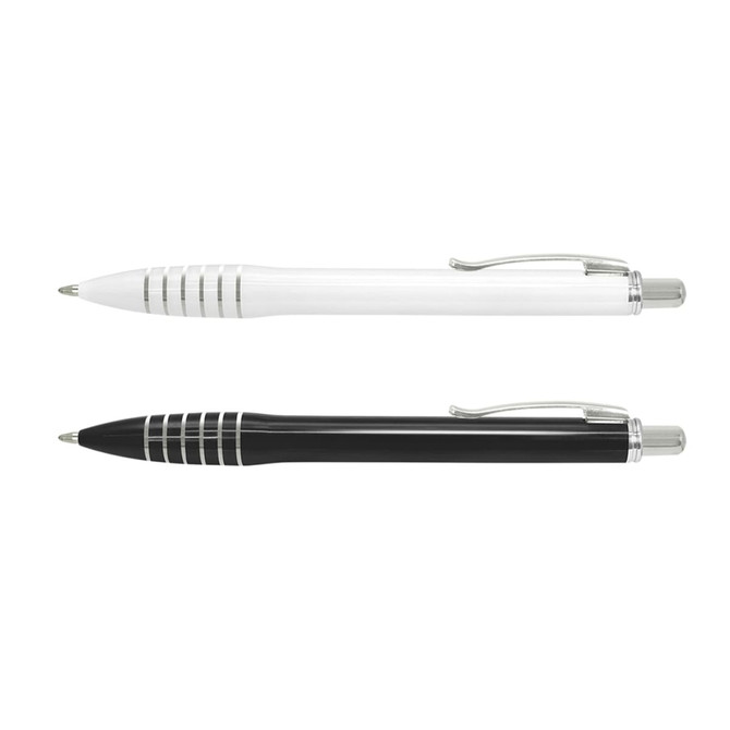 Two plastic pens are displayed: one white with silver detailing and one black with silver detailing, both featuring a logo.