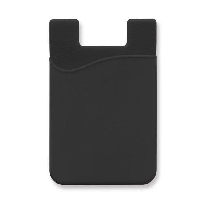 A black silicone phone wallet featuring a curved design and a slot for cards. It includes a logo.