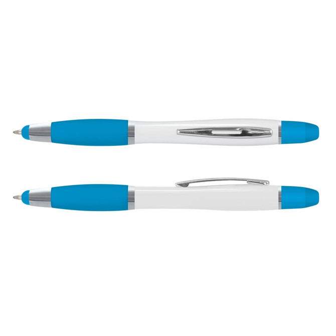 A multi-function pen in white and blue with a chrome clip and grip sections. Features a logo.
