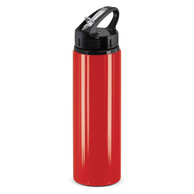 A drink bottle in vibrant red with a black flip cap and a handle, featuring a logo.