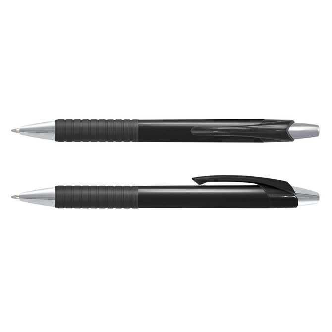 A black plastic pen with a coloured barrel and a shiny silver clip, featuring a textured grip.