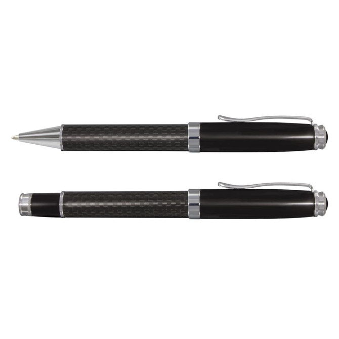 A black and silver pen set featuring a sleek design with a textured grip and a shiny finish.