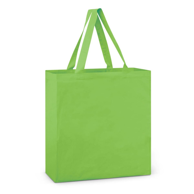 A green cotton tote bag with two handles and no visible logos or branding.