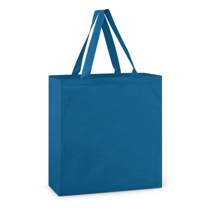 A blue cotton tote bag with two sturdy handles and a simple design. It features a branding logo.
