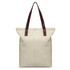 A cream tote bag with brown leather handles and a logo on the front.