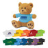 A teddy bear plush toy in brown with a blue shirt featuring a logo, surrounded by various coloured T-shirts.