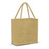 A jute tote bag in a natural beige color with sturdy handles and a simple rectangular design.
