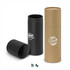 A drink bottle gift tube in black and brown, featuring logos, with a cylindrical design and removable lids.