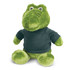 A green crocodile plush toy dressed in a dark jumper, featuring large eyes and a friendly expression.