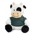 A cow plush toy in black and white, wearing a green shirt, with a smiling face and soft, cuddly features.