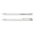 A metal pen set in white with silver accents, featuring a sleek design and a clip. Logo present on the pen.