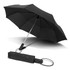A black compact umbrella with a silver handle, displayed open with a matching cover beside it.