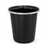A drink tumbler in black with a stainless steel rim, featuring a branded logo. Ideal for beverages.
