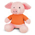 A pink pig plush toy wearing an orange shirt, featuring black button eyes and soft, fluffy ears.