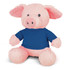 A pink plush pig toy wearing a blue shirt, with large eyes and soft, fluffy body. It has an attached logo.