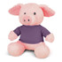 A pink pig plush toy wearing a purple sweater, with soft features and a friendly expression.